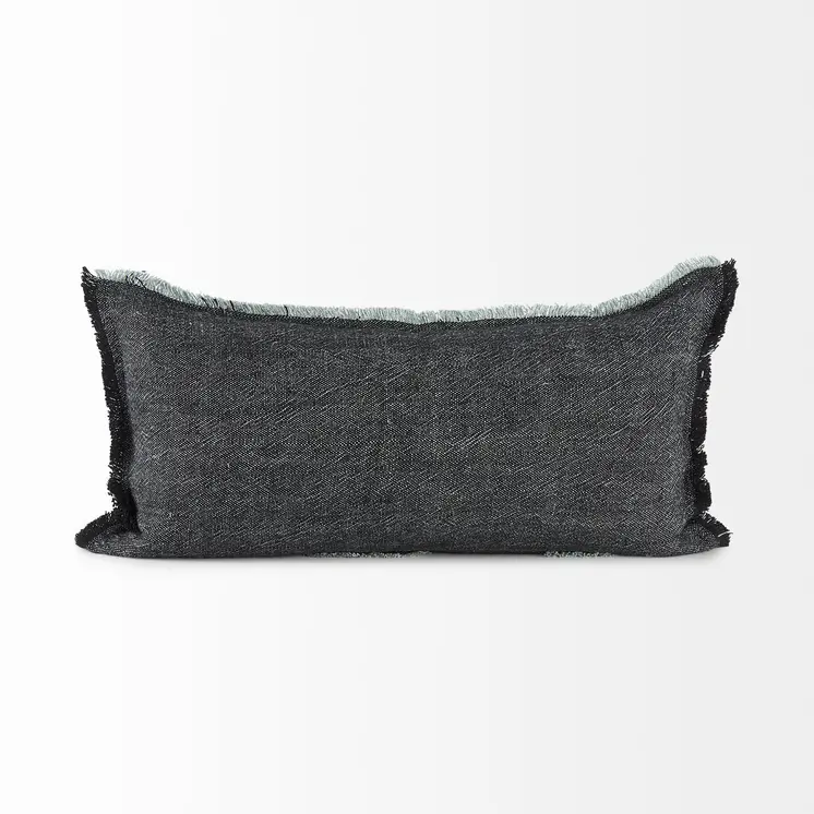 Dark Gray Fringed Lumbar Throw Pillow Cover