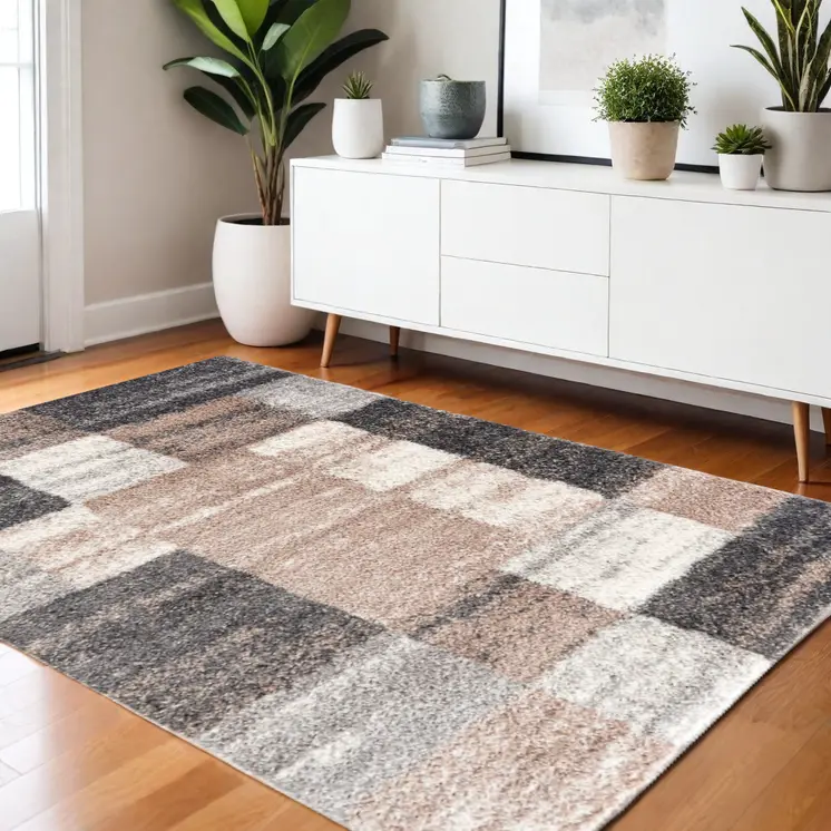 4' X 6' Beige Modern Blocks Area Rug