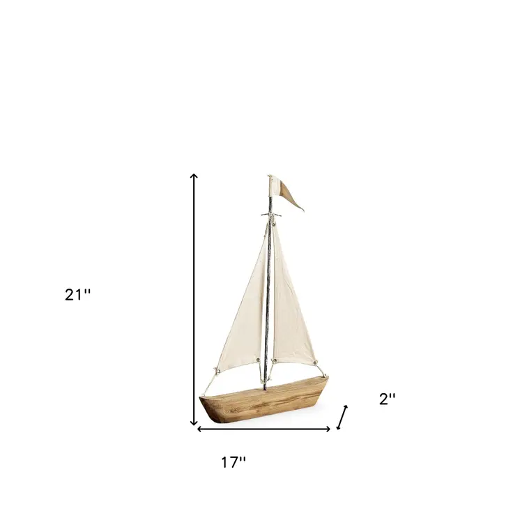 21" Brown And Natural Wood Metal And Fabric Sailboat Tabletop Sculpture