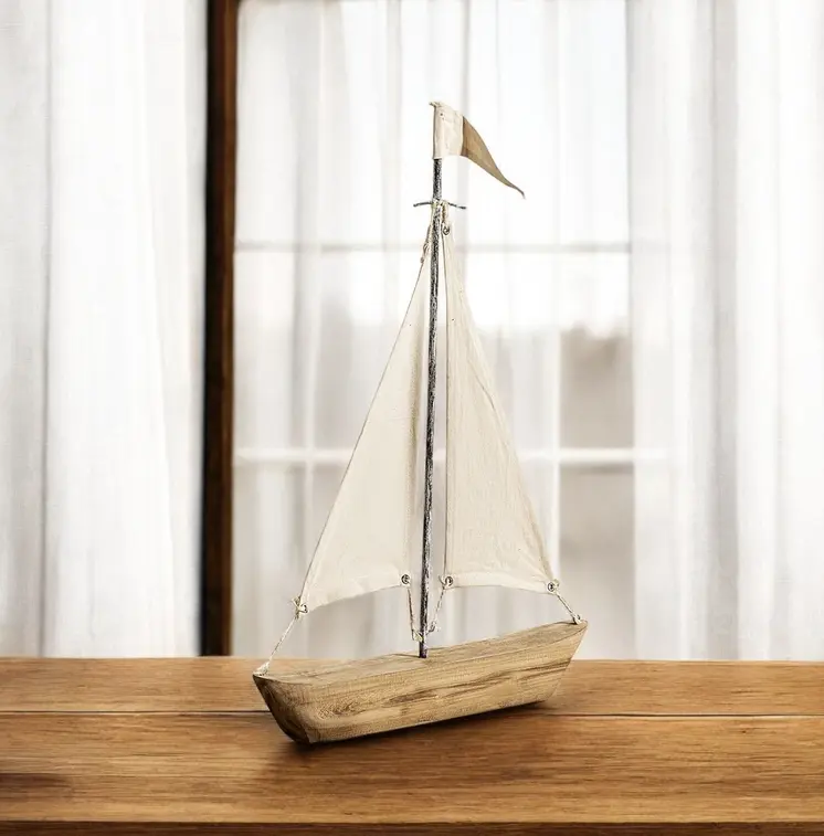 21" Brown And Natural Wood Metal And Fabric Sailboat Tabletop Sculpture