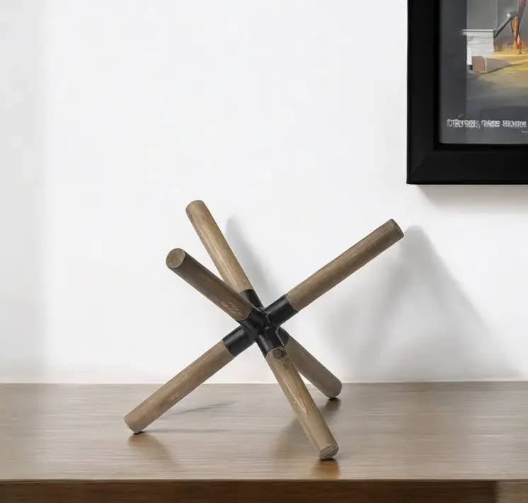 6" Brown Metal And Wood Modern Abstract Tabletop Sculpture