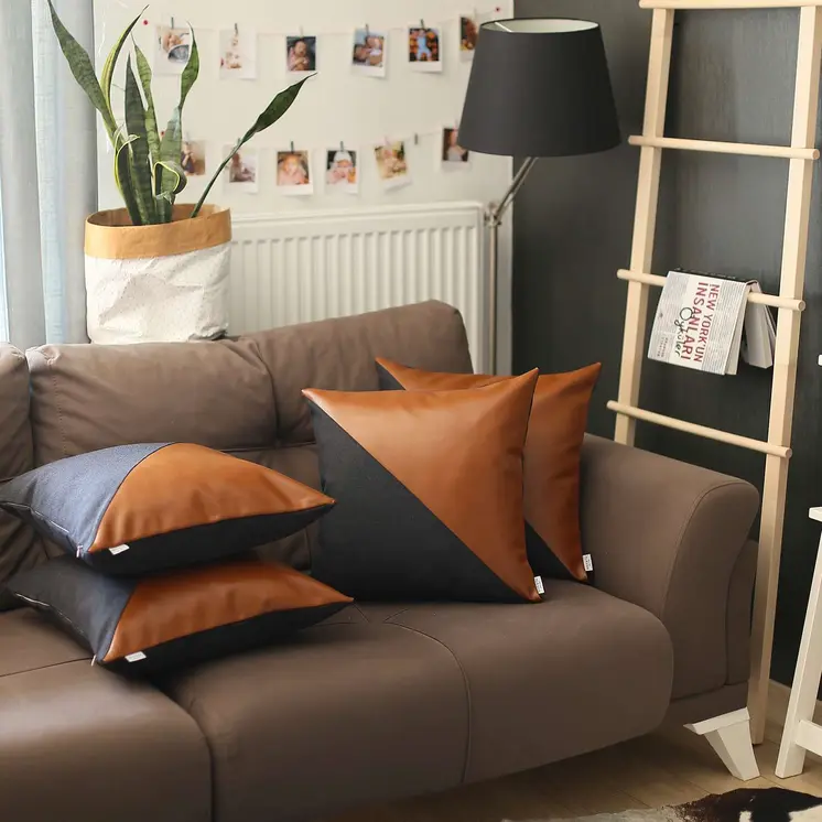 Set of Four 18" Brown And Black Faux Leather And Fabric Throw Pillow Covers