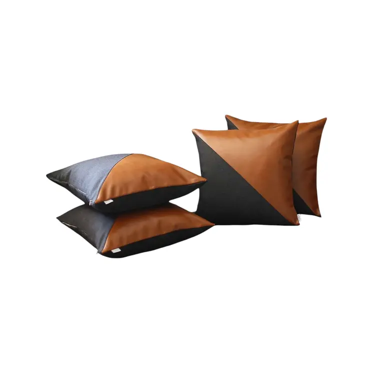 Set of Four 18" Brown And Black Faux Leather And Fabric Throw Pillow Covers