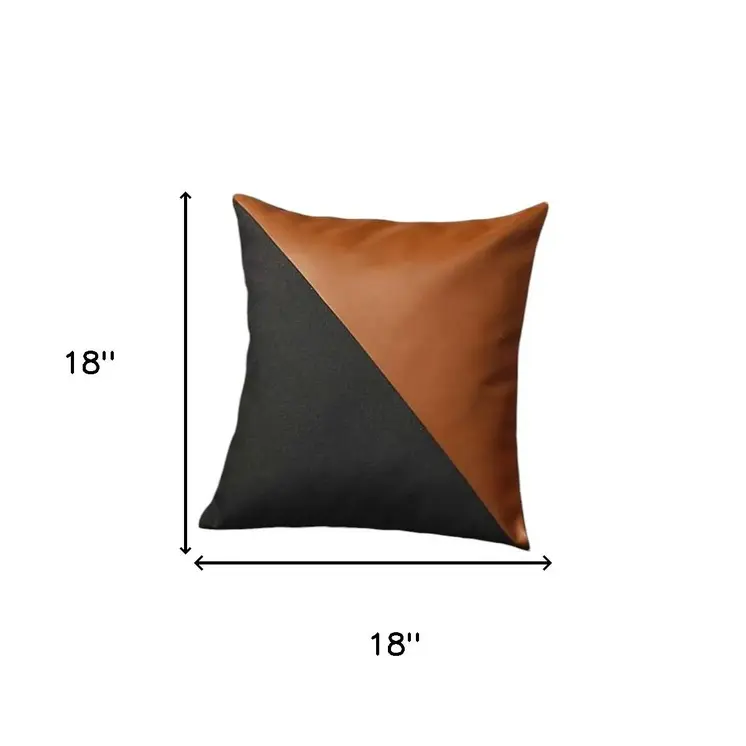 Set of Four 18" Brown And Black Faux Leather And Fabric Throw Pillow Covers