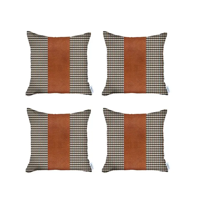 Set Of 4 Brown Checkered Faux Leather Pillow Covers