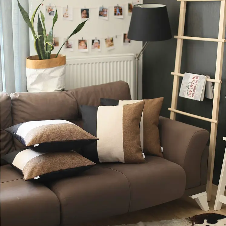 Set of Four 18" Black Ivory And Brown Fabric Throw Pillow Covers