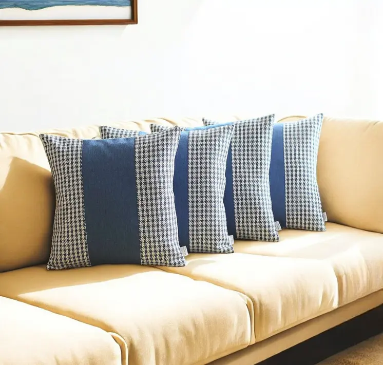 Set Of 4 Blue Houndstooth Pillow Covers
