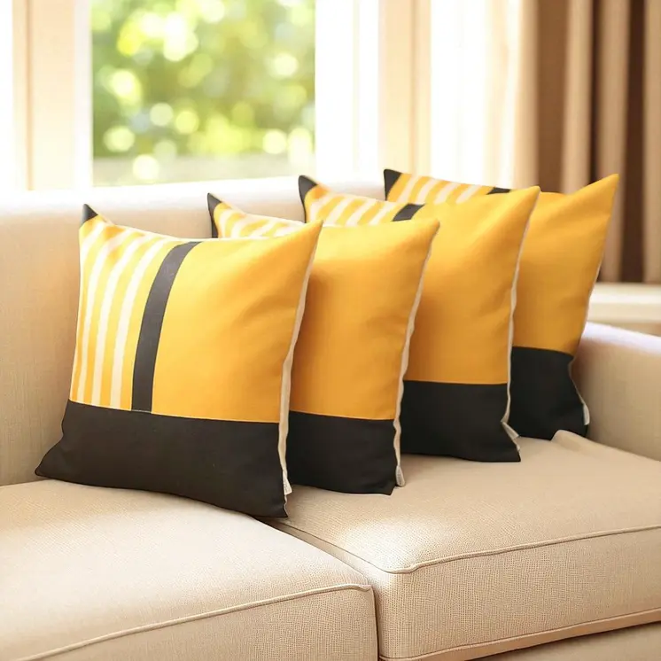 Set Of 4 Yellow And Black Printed Pillow Covers