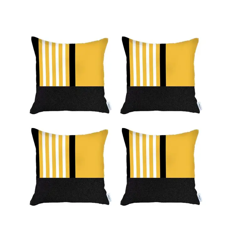 Set Of 4 Yellow And Black Printed Pillow Covers