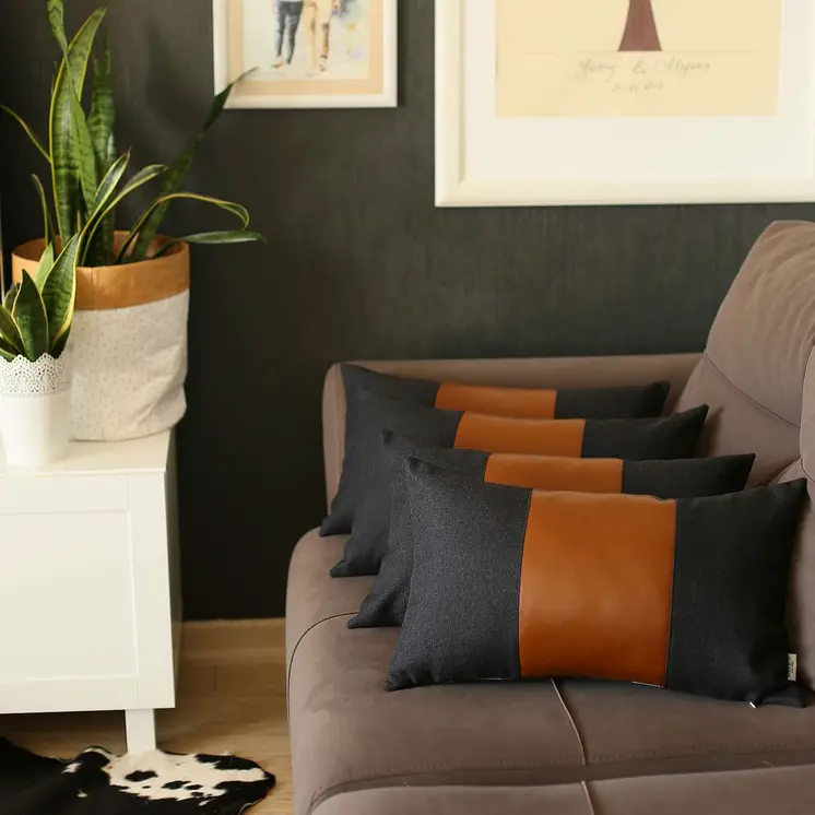 Set Of 4 Black Faux Leather Lumbar Pillow Covers