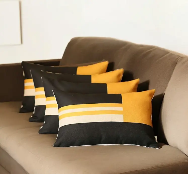 Set Of 4 Yellow And Black Lumbar Pillow Covers
