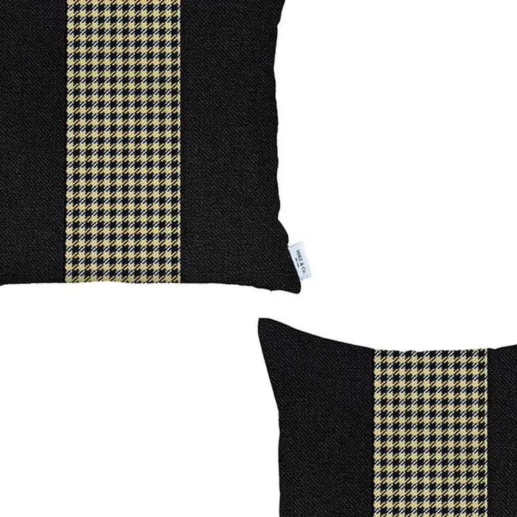 Set of Two 18" Black White and Yellow Houndstooth Fabric Throw Pillow Covers