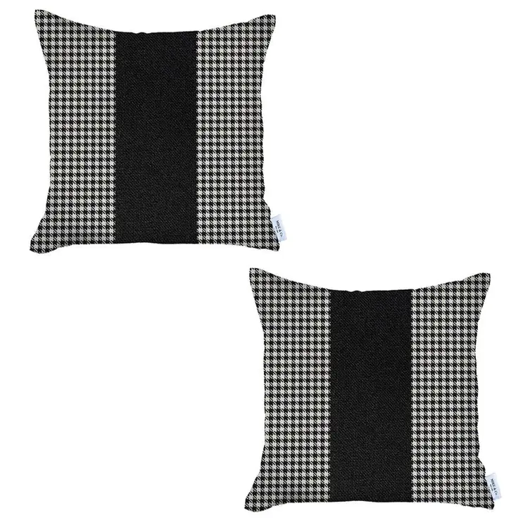 Set of Two 18" Black and White Houndstooth Fabric Throw Pillow Covers