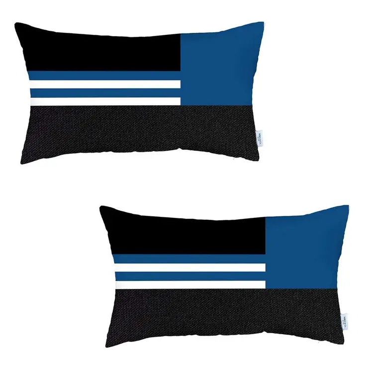 Set Of 2 Blue Geometric Lumbar Pillow Covers