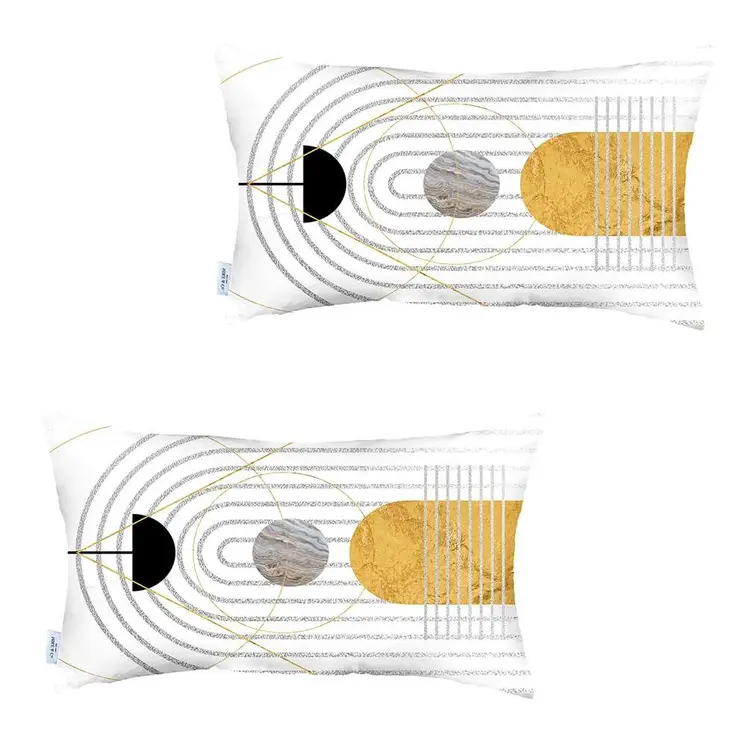 Set Of 2 White Patterned Lumbar Pillow Covers
