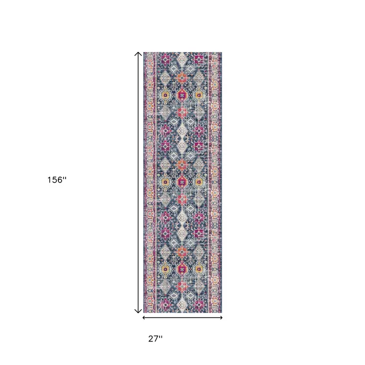 13' Blue And Ivory Oriental Runner Rug