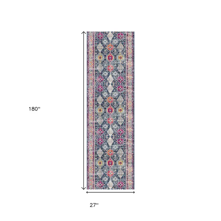 15' Blue And Ivory Oriental Runner Rug
