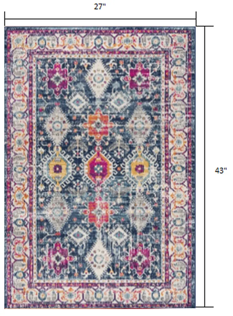 2' X 4' Blue and Ivory Oriental Area Rug
