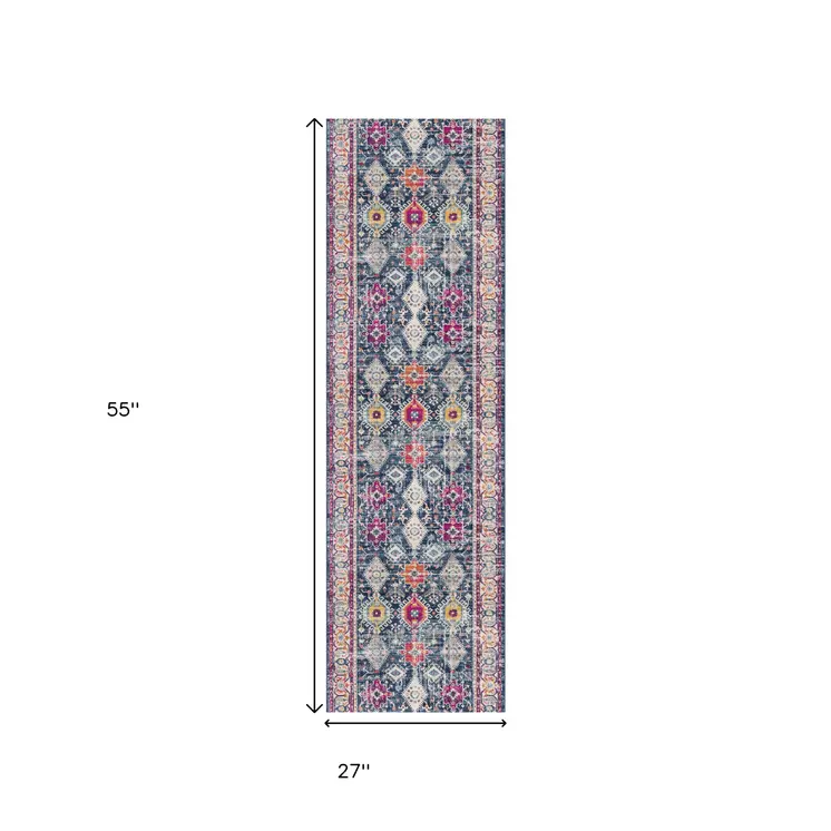 2' X 5' Blue and Ivory Oriental Area Rug