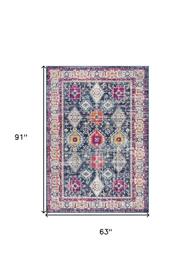 5' X 7' Blue and Ivory Oriental Area Rug