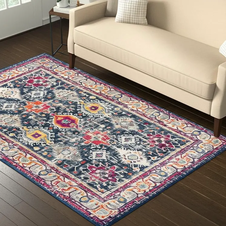 5' X 7' Blue and Ivory Oriental Area Rug