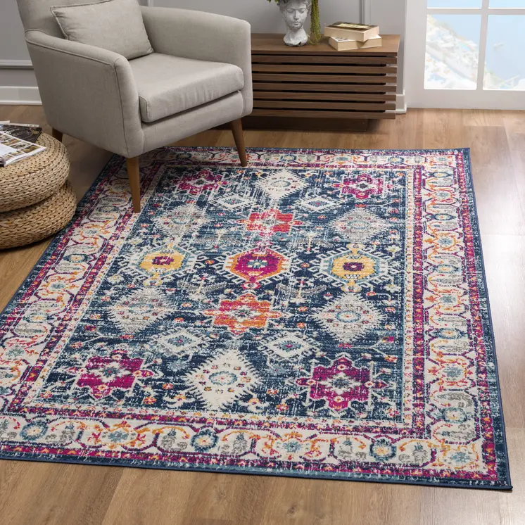 8' X 10' Blue and Ivory Oriental Area Rug