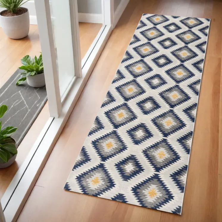 2' X 6' Blue Ikat Kilim Area Rug