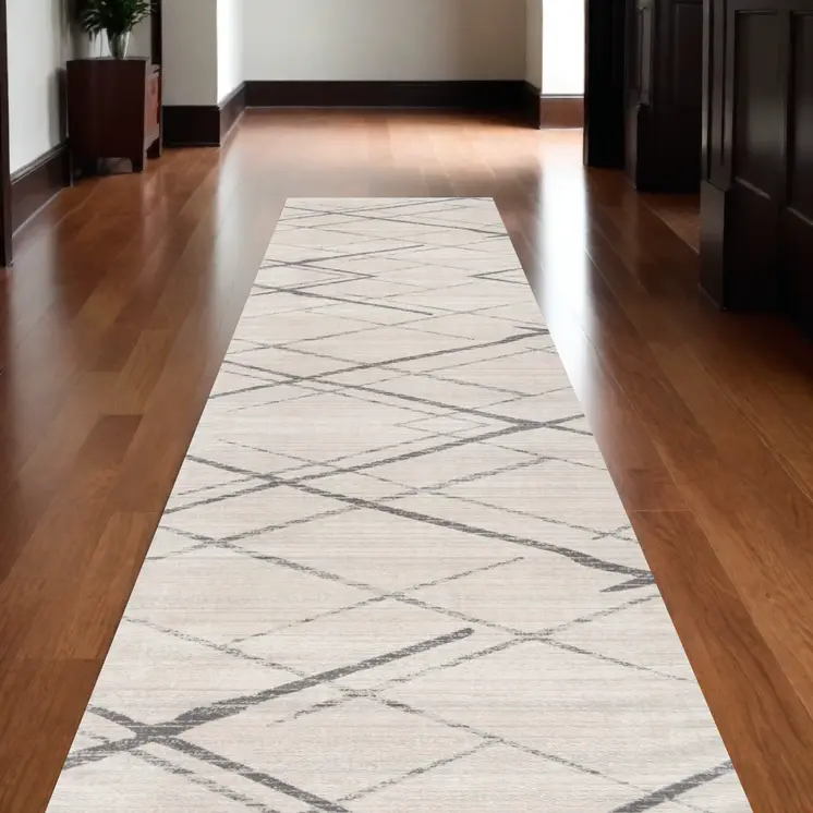 13' Gray And Ivory Geometric Runner Rug