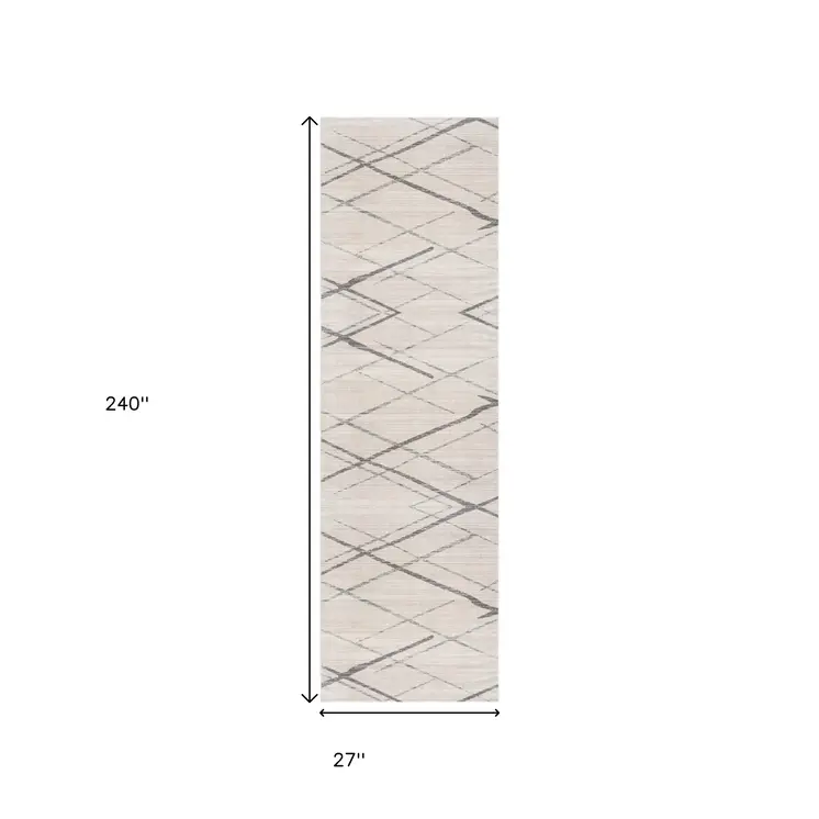 20' Gray And Ivory Geometric Runner Rug