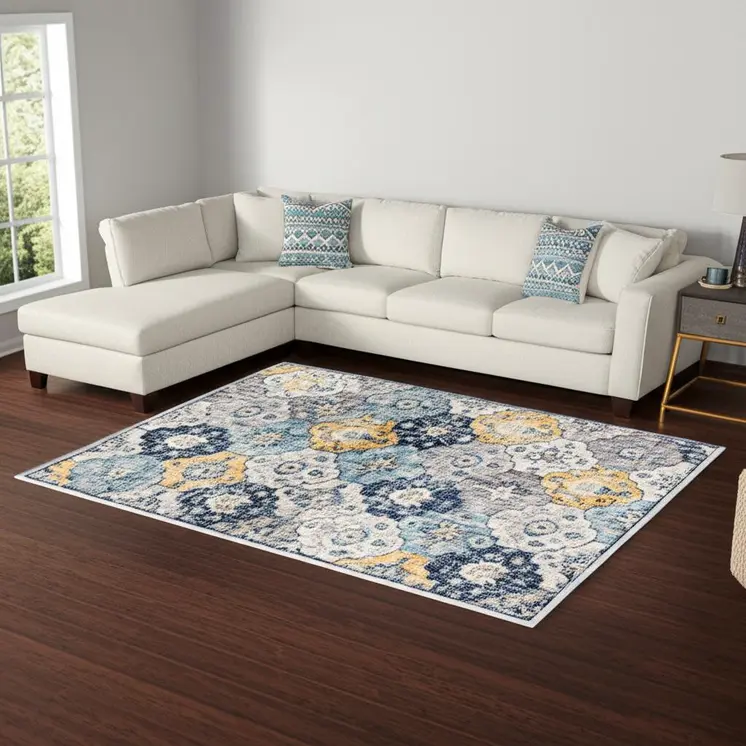 12' X 18' Blue and Yellow Floral Washable Non Skid Area Rug