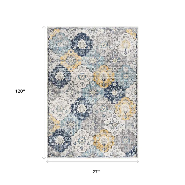 10' Blue And Yellow Floral Runner Rug