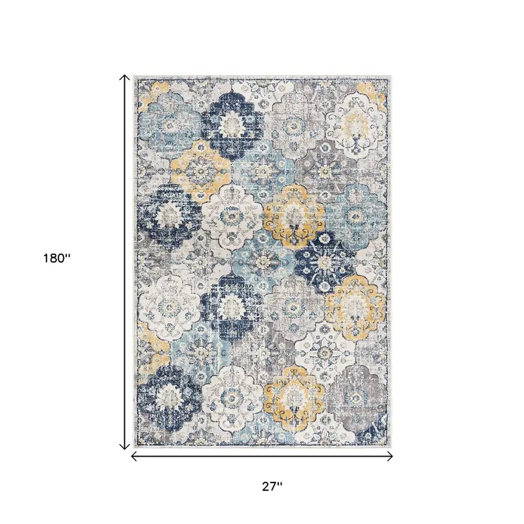 15' Blue And Yellow Floral Runner Rug