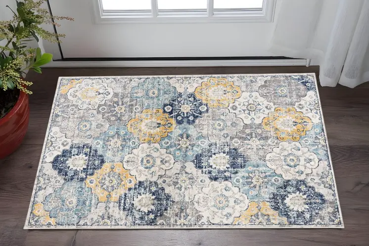 2' X 5' Blue and Yellow Floral Area Rug