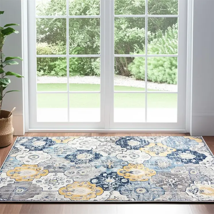 6' Blue And Yellow Floral Runner Rug