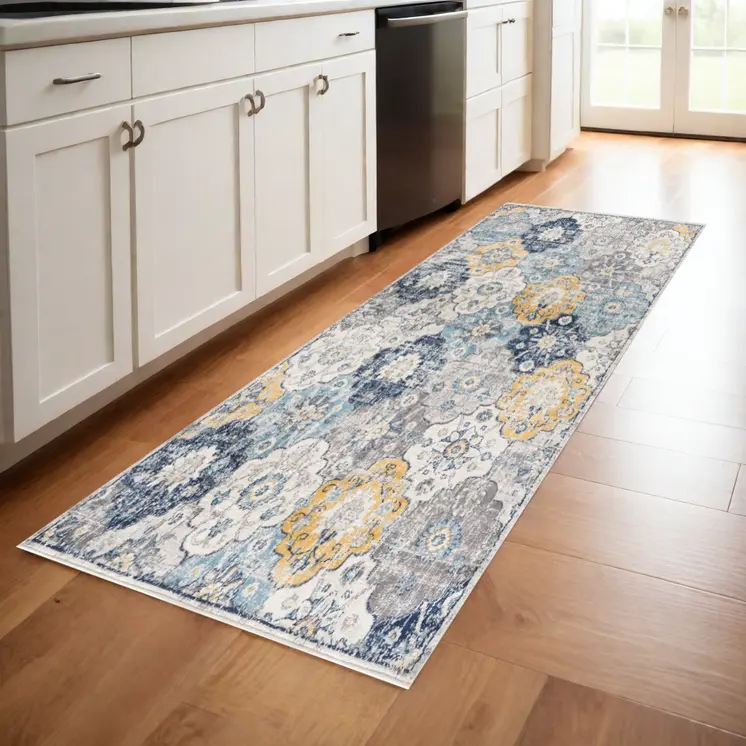 8' Blue And Yellow Floral Runner Rug