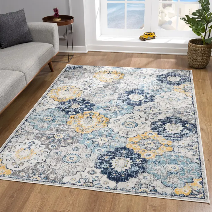 5' X 7' Blue and Yellow Floral Area Rug