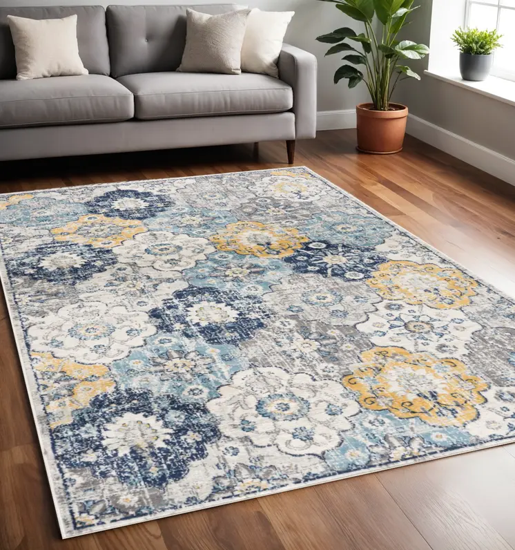 5' X 7' Blue and Yellow Floral Area Rug