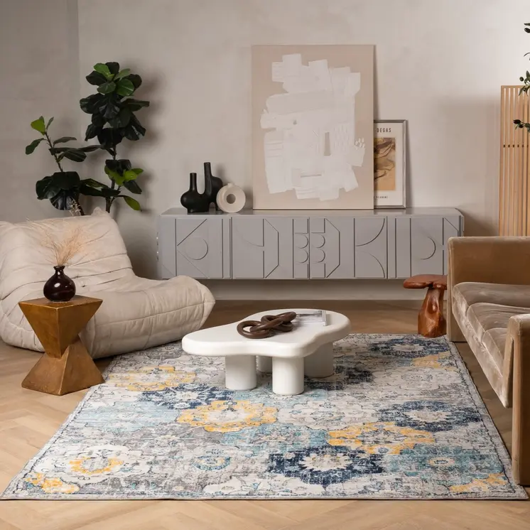 5' X 7' Blue and Yellow Floral Area Rug