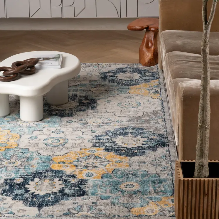 5' X 7' Blue and Yellow Floral Area Rug