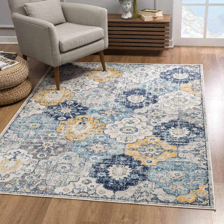 5' X 7' Blue and Yellow Floral Area Rug