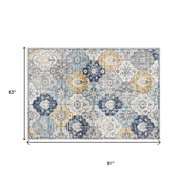 5' X 7' Blue and Yellow Floral Area Rug