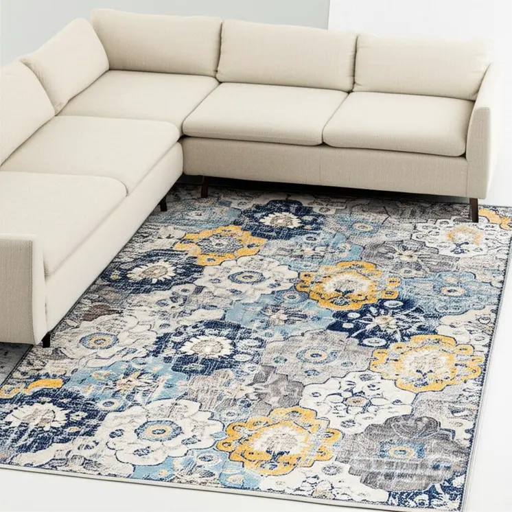 6' X 9' Blue and Yellow Floral Area Rug
