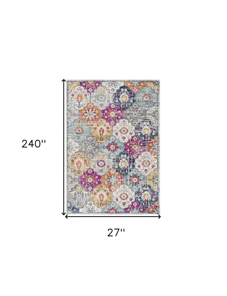 20' Blue And Ivory Floral Distressed Runner Rug