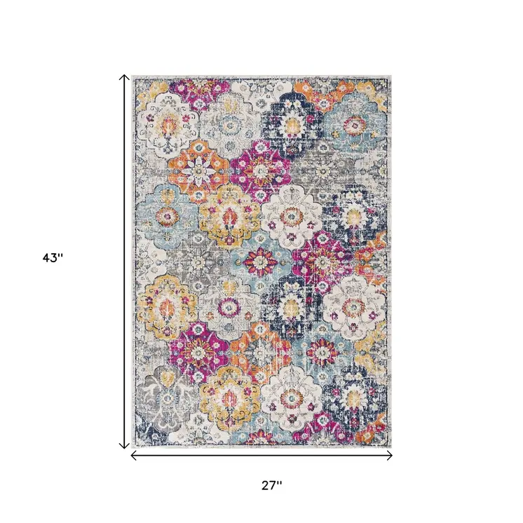 2' X 4' Blue and Ivory Floral Area Rug