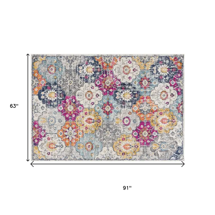 5' X 7' Blue and Ivory Floral Area Rug