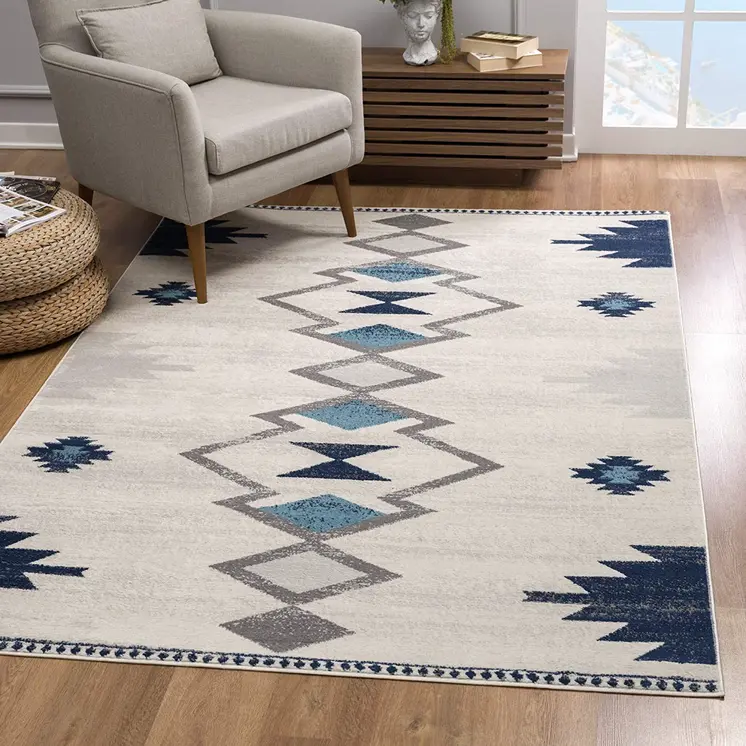 10' Blue And Ivory Southwestern Runner Rug
