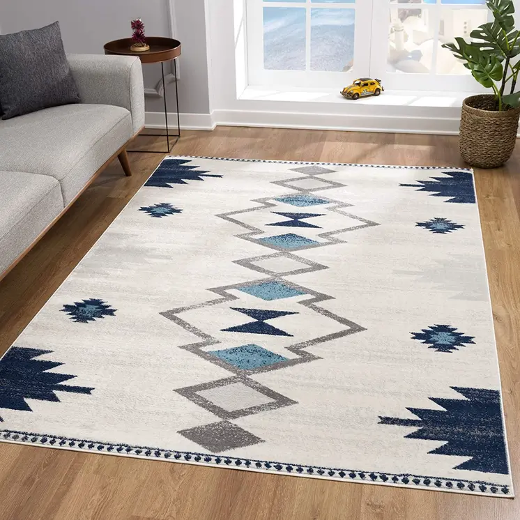 13' Blue And Ivory Southwestern Runner Rug