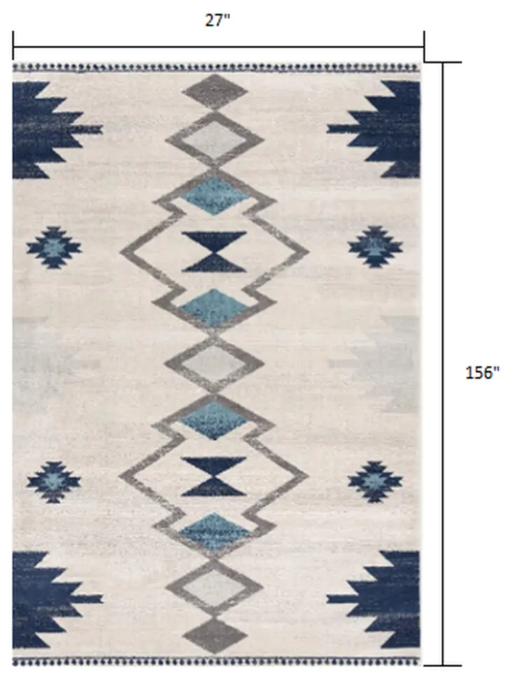 13' Blue And Ivory Southwestern Runner Rug