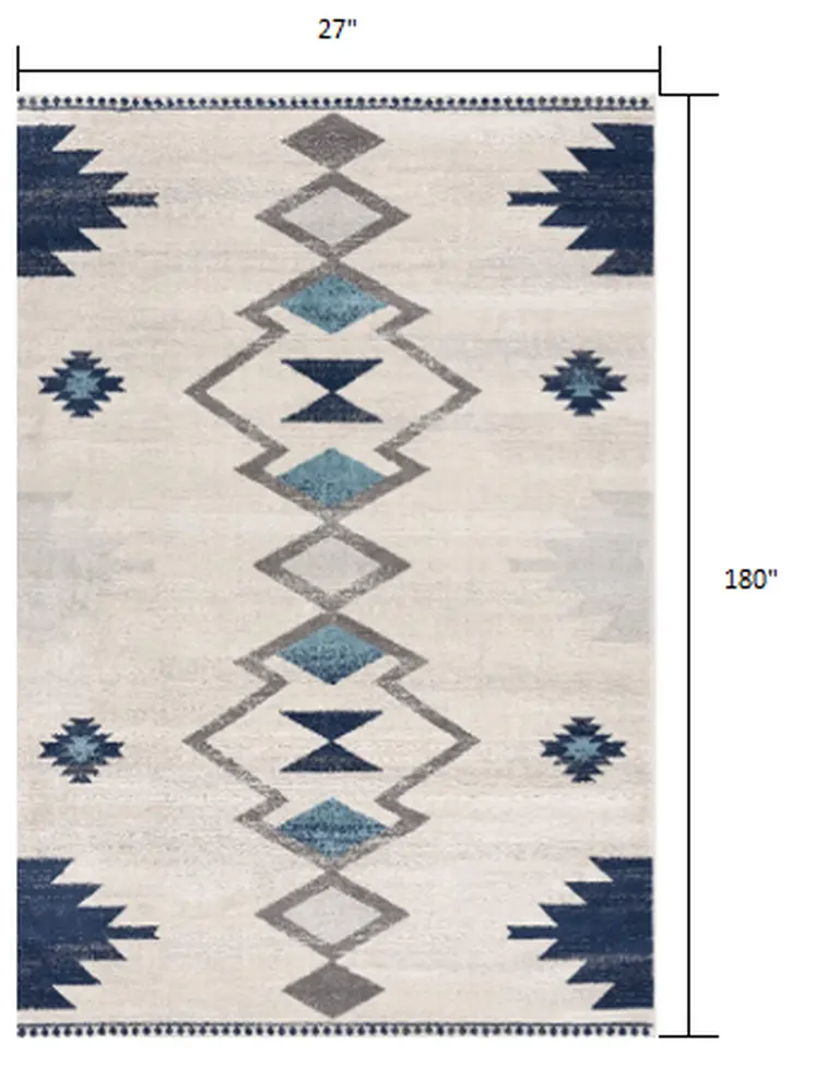 15' Blue And Ivory Southwestern Runner Rug