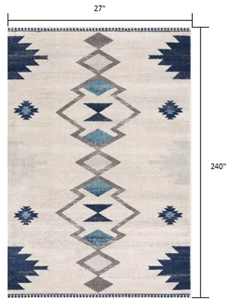 20' Blue And Ivory Southwestern Runner Rug